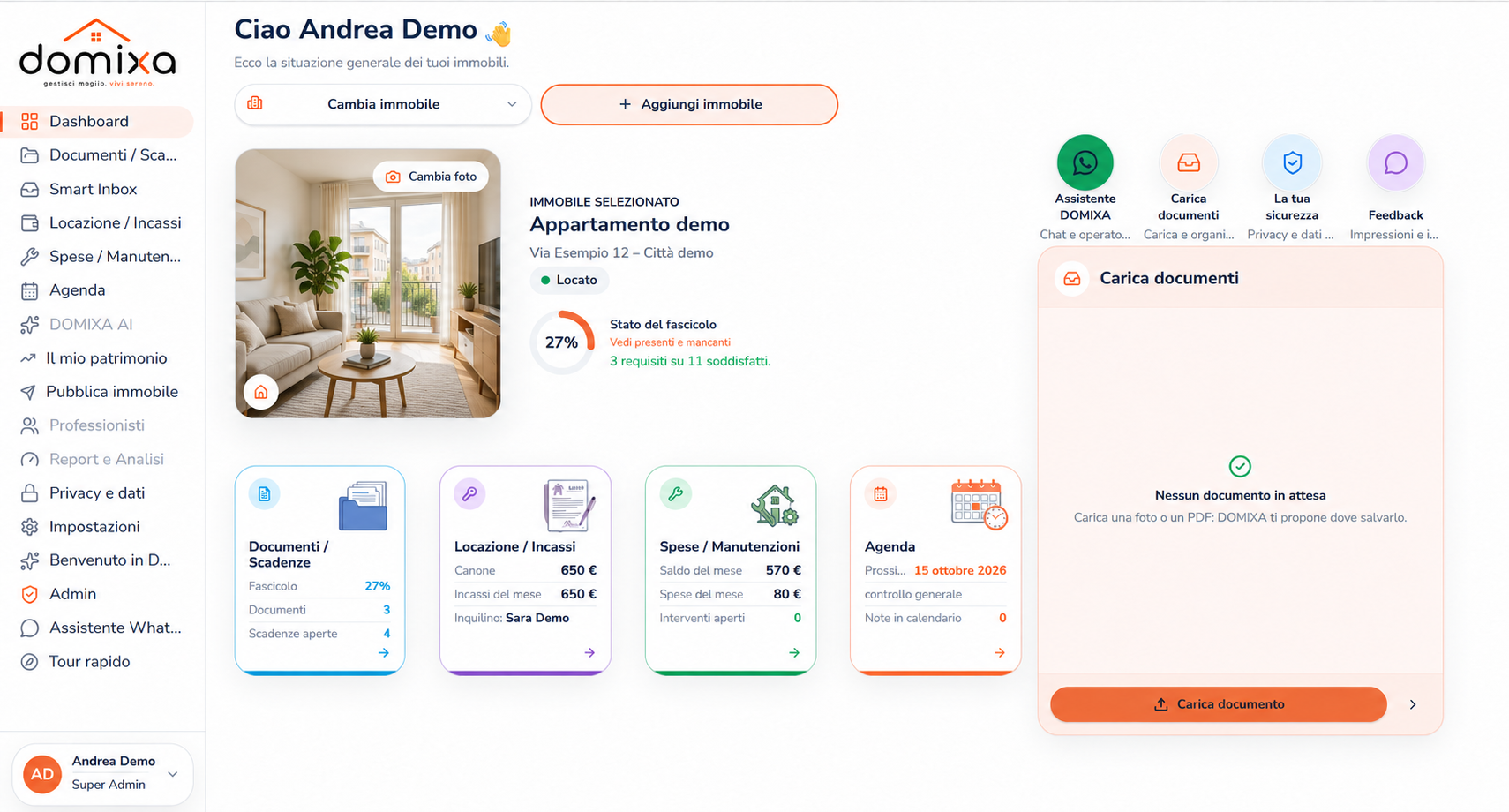 Dashboard DOMIXA con immobile e dati dimostrativi