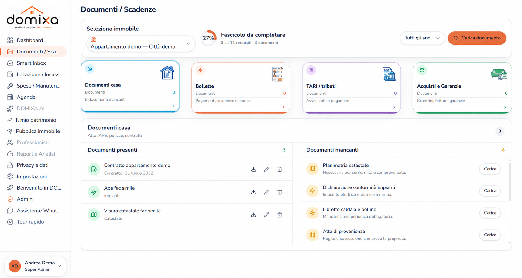 Schermata DOMIXA con dati dimostrativi: Documenti / Scadenze